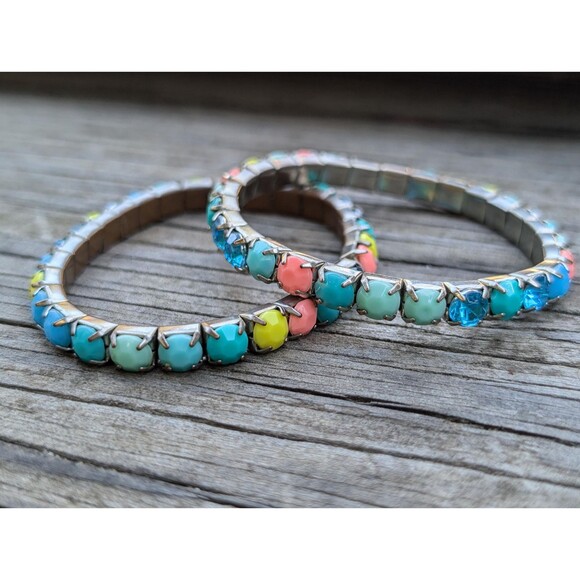 vintage Jewelry - Vintage Rhinestone Stretch Bracelet, 80s Pastel Bracelet Set
